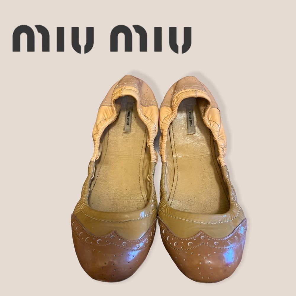 Miu Miu Tan Patent Leather Oxford Ballet Flats 38